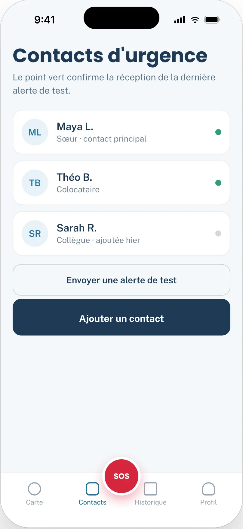 Maquette : liste des contacts d’urgence avec point de statut