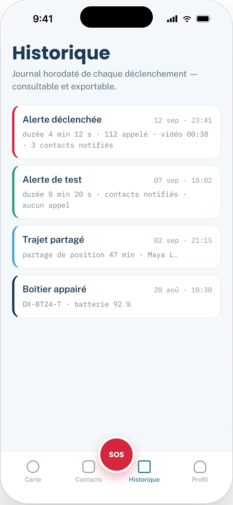 Maquette : historique horodaté des alertes et trajets partagés